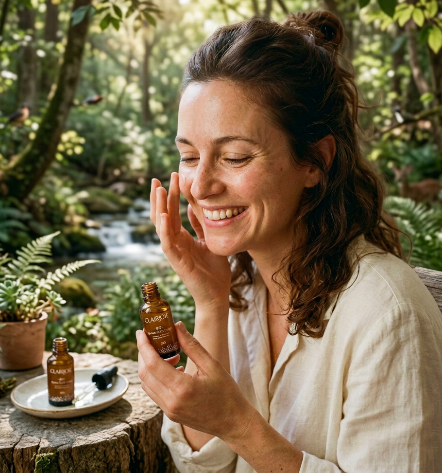 Woman smiling while applying skincare beside a mirror