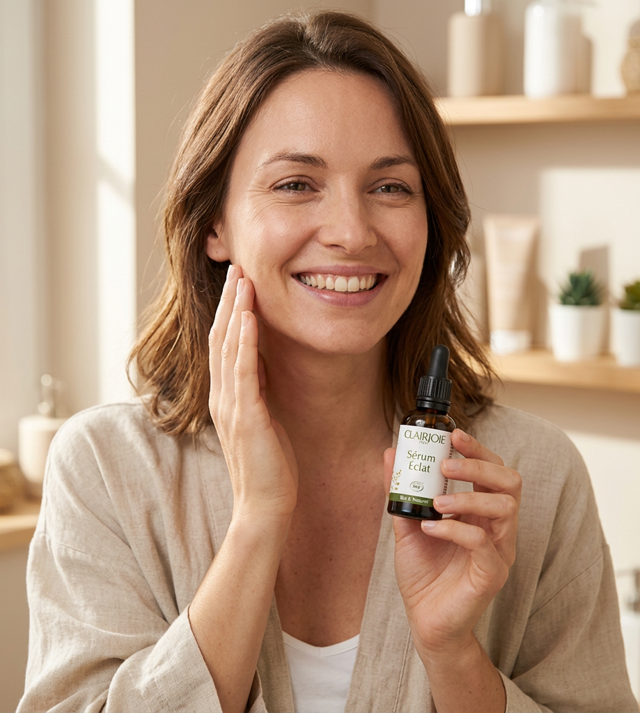 Femme souriante tenant un sérum Clairjoie